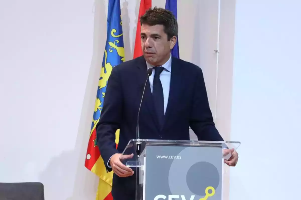 A man in a dark suit speaks at a podium with the CEV logo and flags behind him.