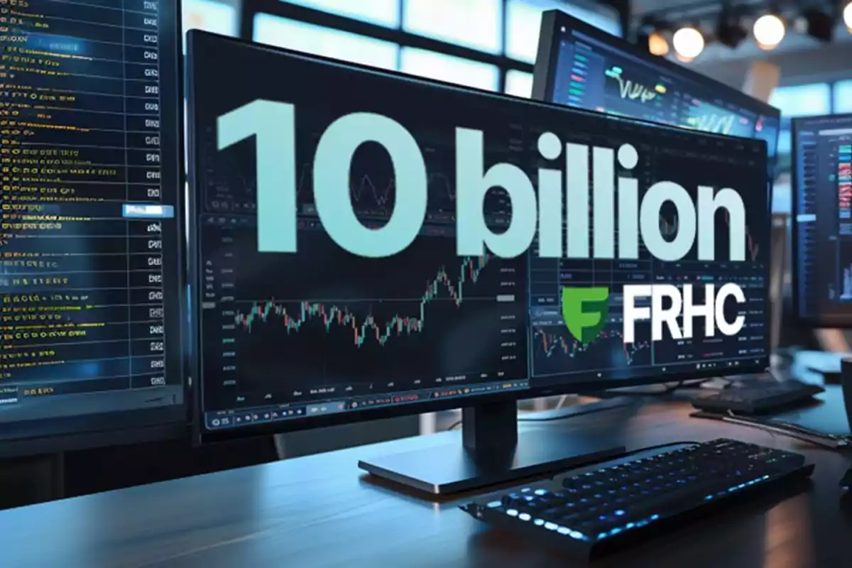 Pantallas de computadora mostrando gráficos financieros y datos de mercado con el texto "10 billion FRHC" en primer plano.