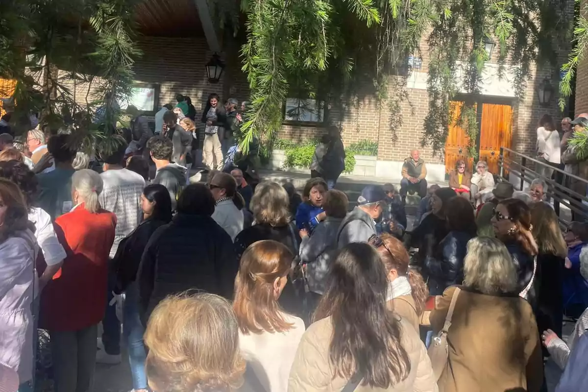 Un grupo numeroso de personas se reúne al aire libre frente a un edificio de ladrillo bajo la sombra de árboles.