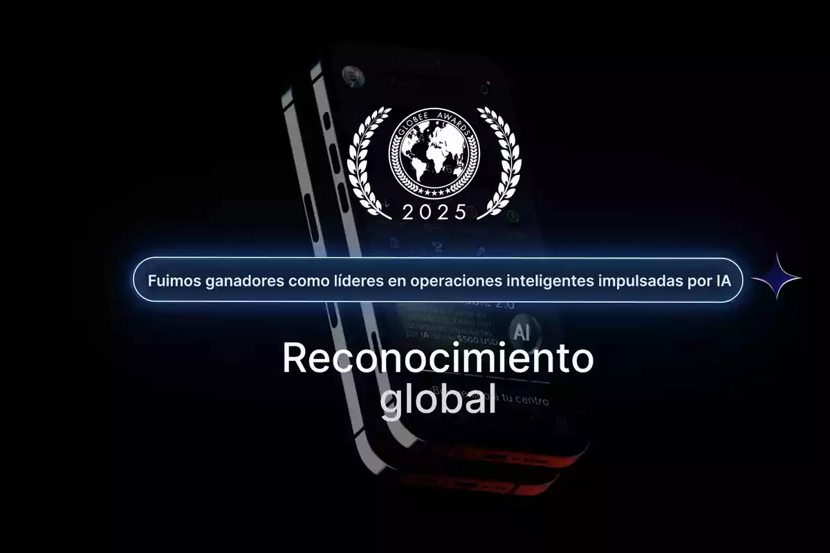 Imagen de un teléfono móvil con un logotipo de premios y texto que destaca el reconocimiento global por liderazgo en operaciones inteligentes impulsadas por IA.
