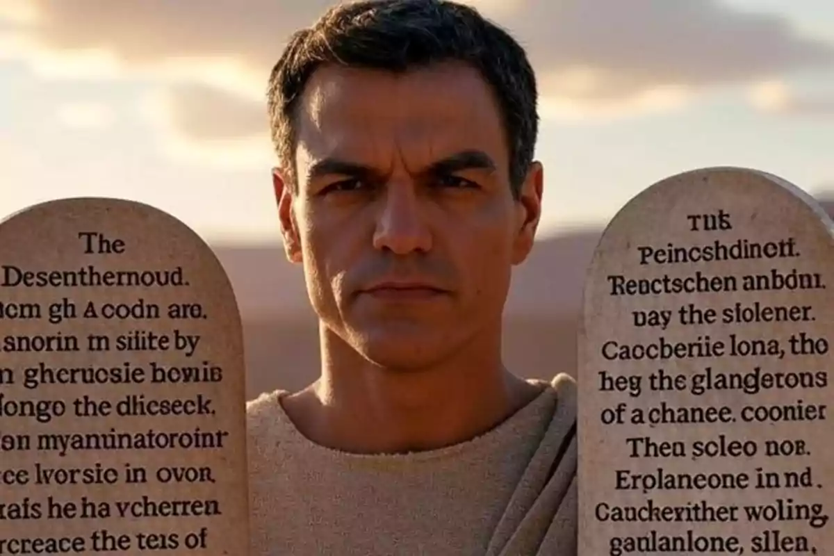 Hombre de cabello corto y expresión seria sostiene dos tablas de piedra con inscripciones en un paisaje desértico al atardecer