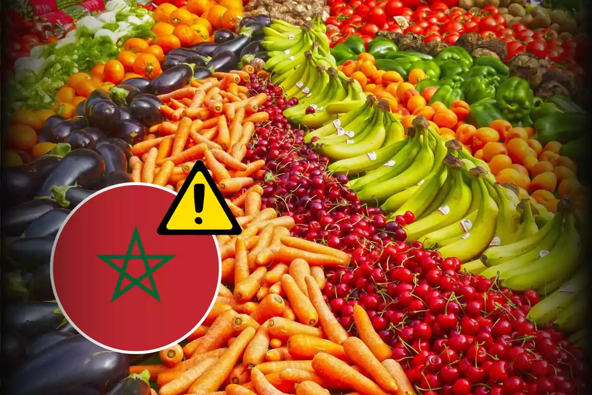 Variedad de frutas y verduras frescas organizadas en filas con un símbolo de advertencia y la bandera de Marruecos en primer plano