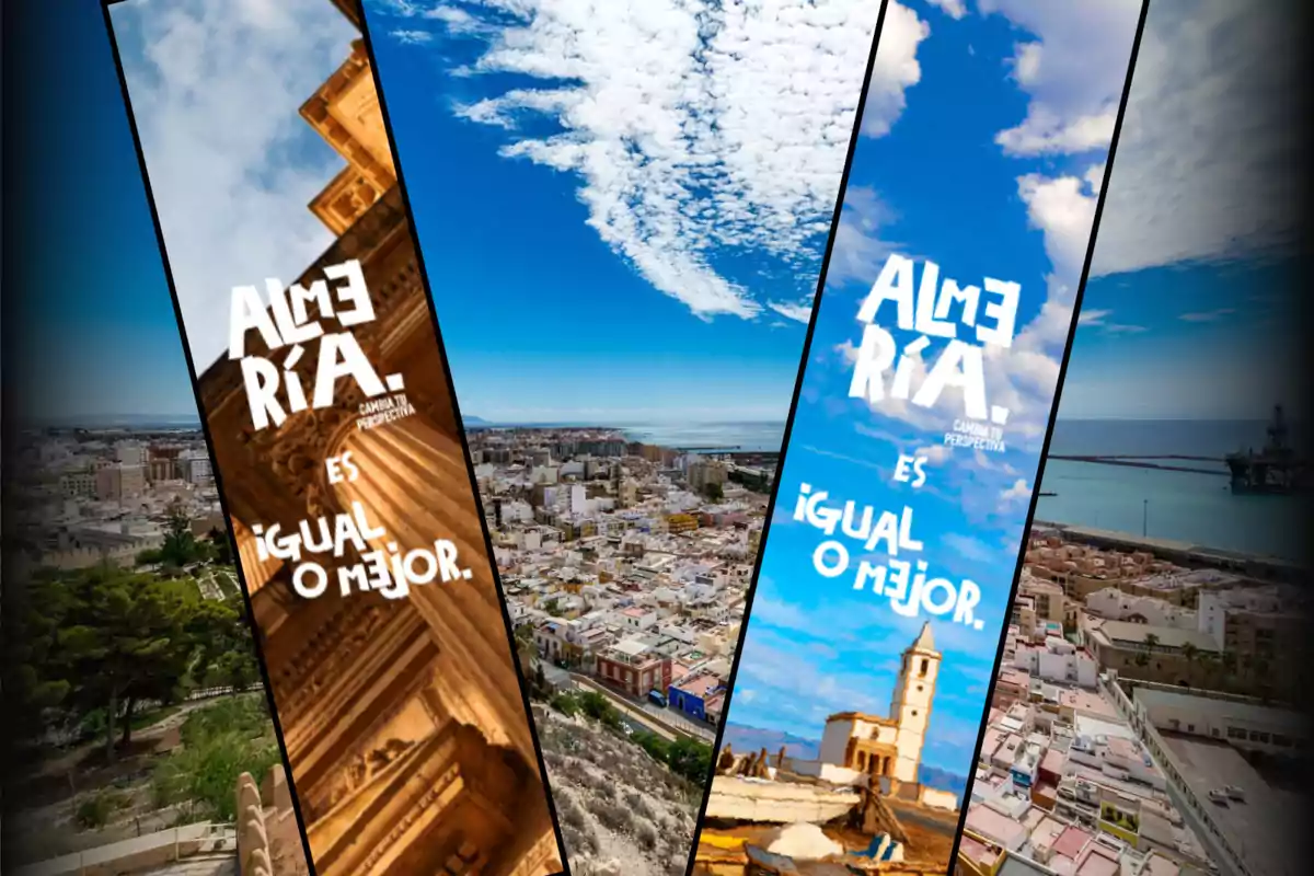Vista panorámica de la ciudad de Almería con varios recortes verticales que muestran paisajes urbanos y monumentos, acompañados del texto promocional Almería es igual o mejor
