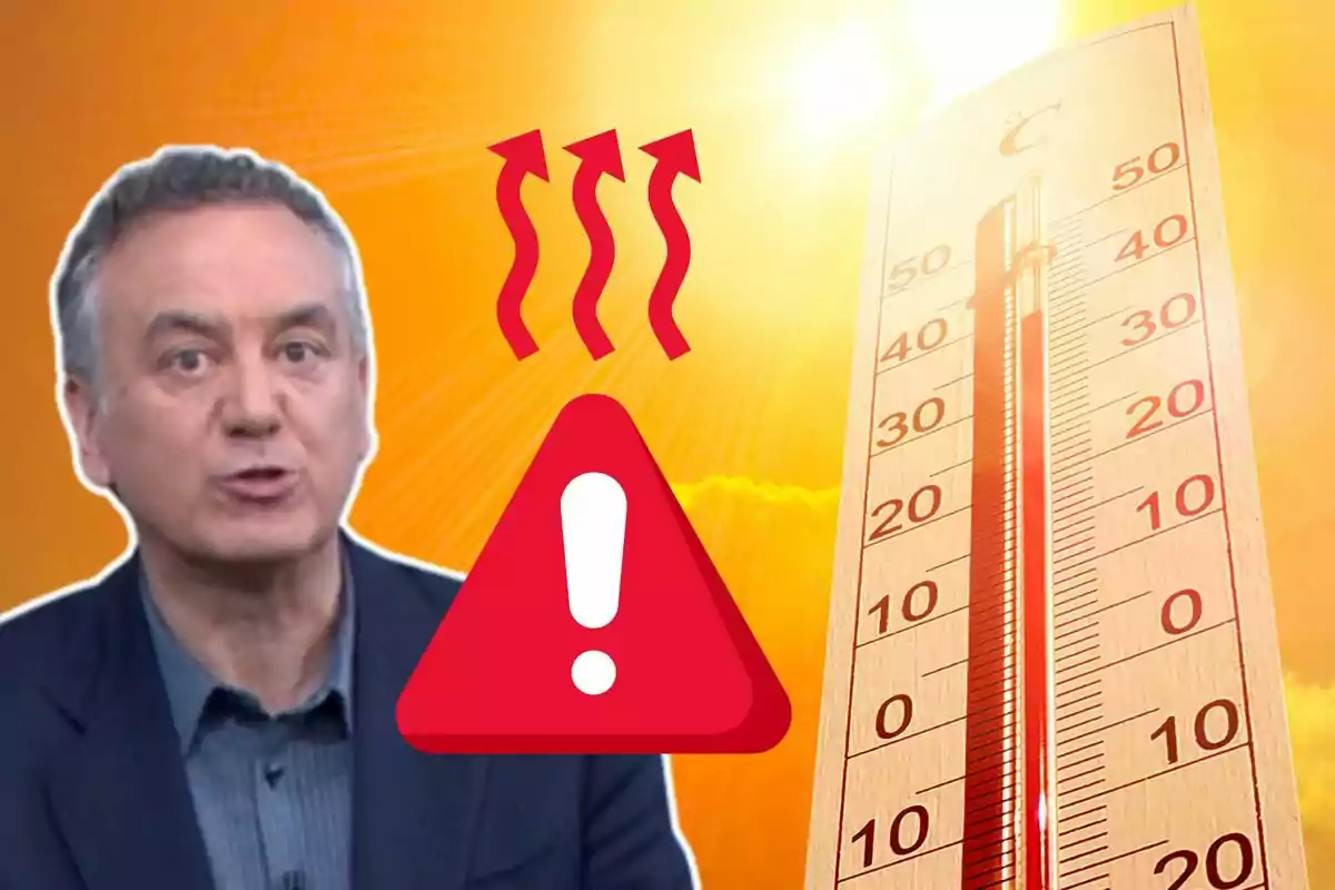Hombre con expresión seria junto a un termómetro marcando altas temperaturas, un sol brillante, flechas rojas ascendentes y un triángulo de advertencia indicando una ola de calor