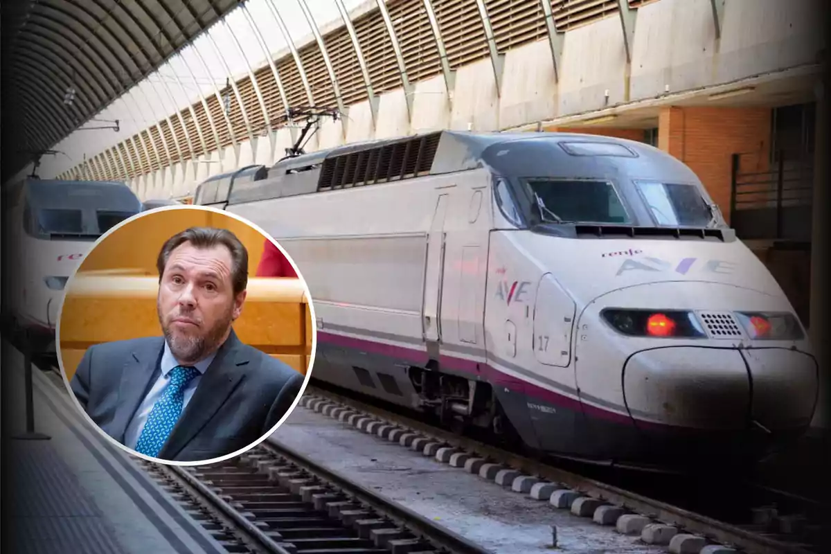 Un tren AVE en una estación con la imagen de un hombre de traje y corbata superpuesta en un círculo en la esquina inferior izquierda