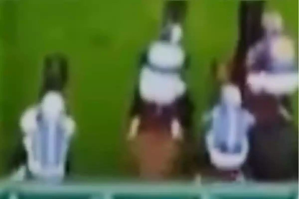 Imagen borrosa de una carrera de caballos vista desde arriba con jinetes usando uniformes claros sobre un fondo verde Imagen borrosa de una carrera de caballos vista desde arriba con jinetes usando uniformes claros sobre un fondo verde