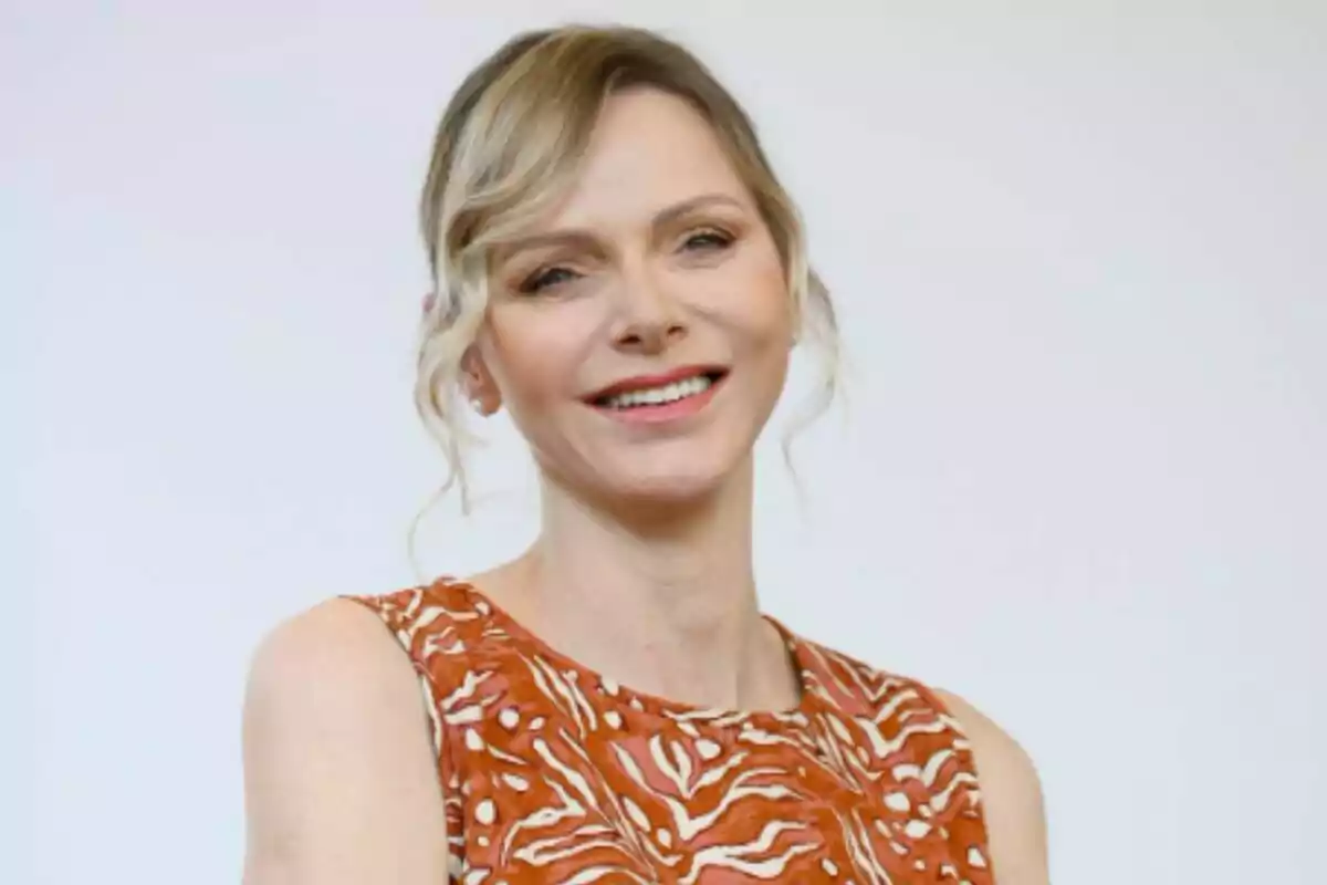 Close-up of Princess Charlene of Monaco with a smiling face during an official event in 2025. Close-up of Princess Charlene of Monaco with a smiling face during an official event in 2025.