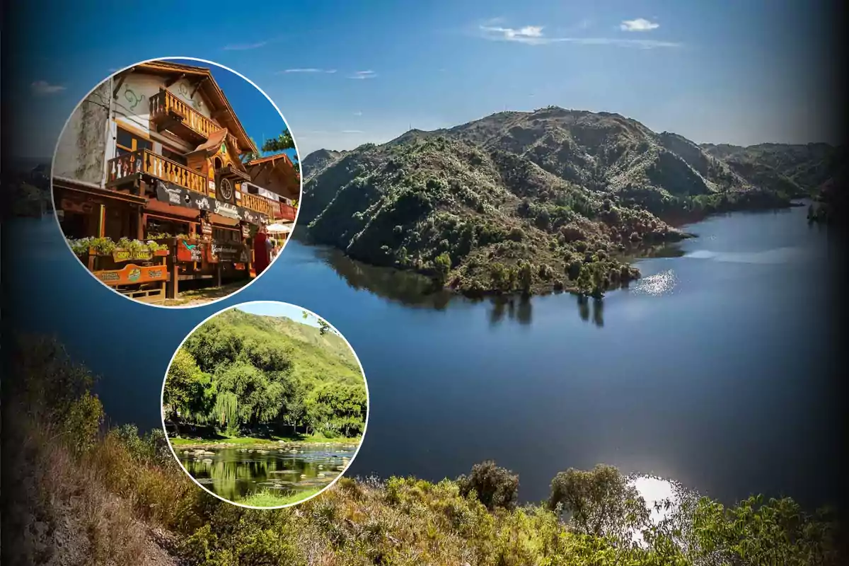 Vista panorámica de un lago rodeado de montañas con dos recuadros circulares que muestran un pueblo de estilo alpino y un río rodeado de vegetación