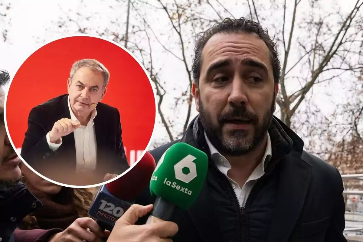 Un hombre con barba responde preguntas de varios medios de comunicación al aire libre mientras en un círculo sobrepuesto aparece la imagen de otro hombre mayor con fondo rojo.