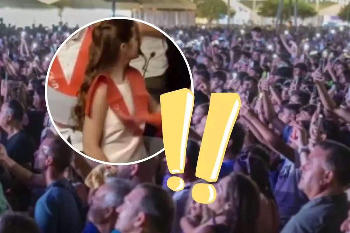 Multitud de personas en un evento al aire libre con una imagen circular superpuesta de una mujer con banda roja y dos signos de exclamación amarillos en el centro