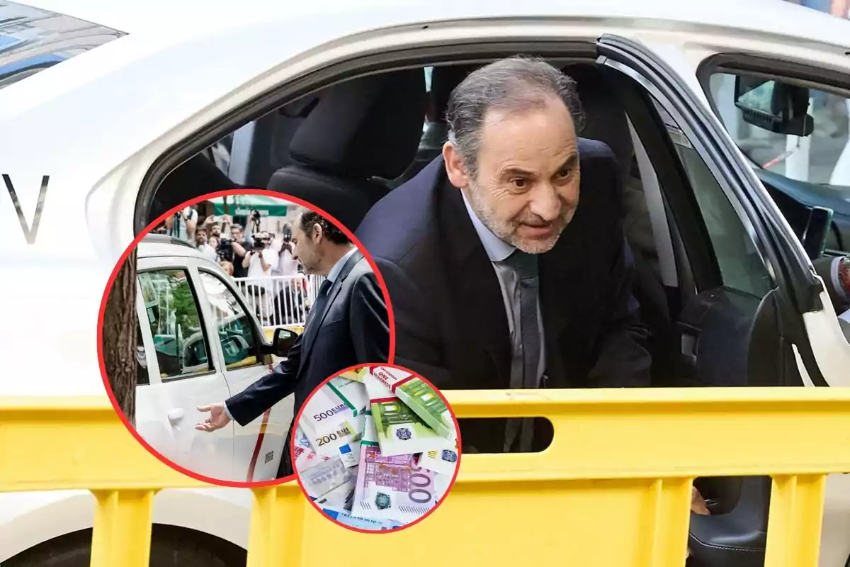 Un hombre de traje sale de un coche blanco mientras una valla amarilla está en primer plano y un círculo muestra un acercamiento de él abriendo la puerta del coche junto a billetes de euro.