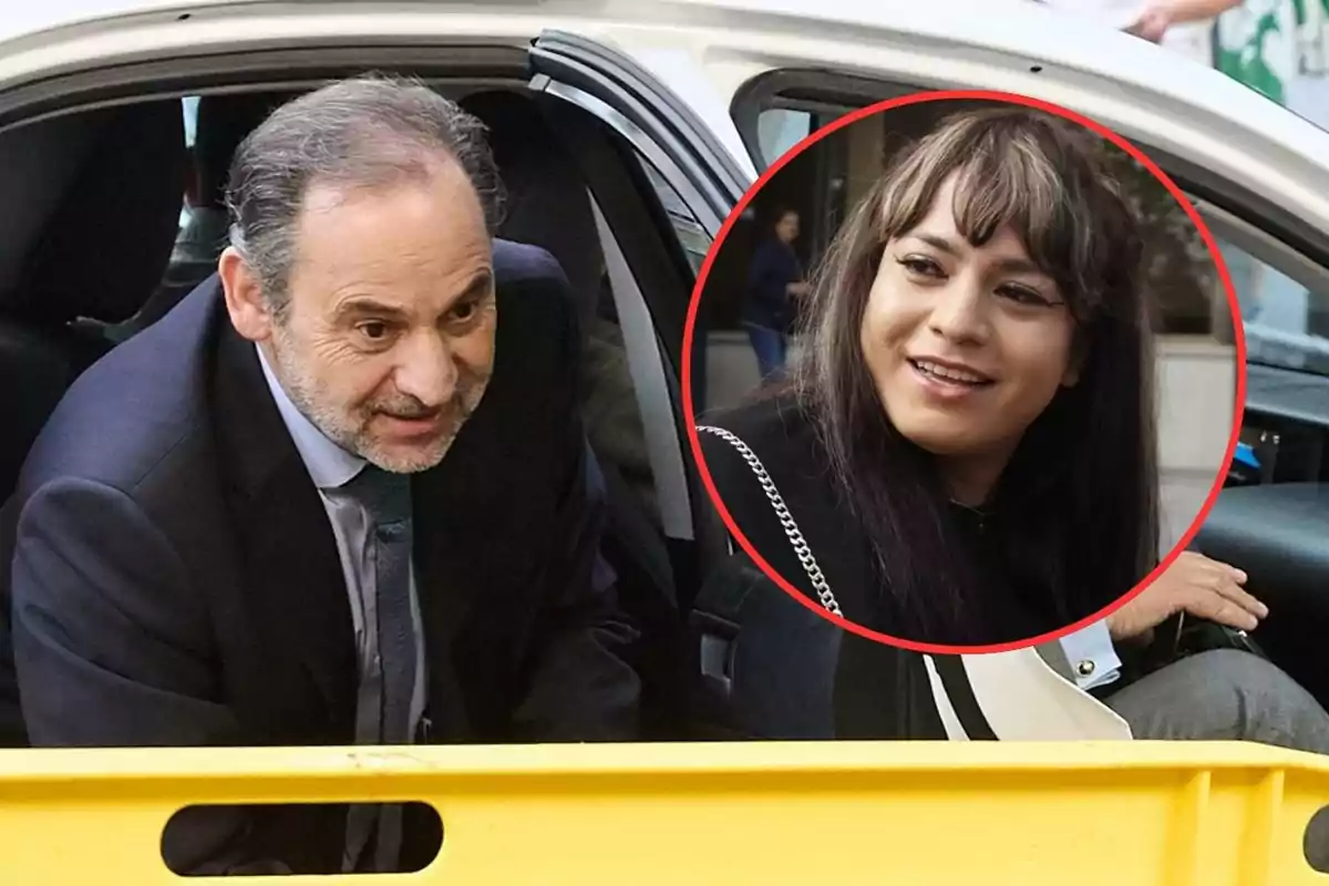 Un hombre de traje sale de un coche mientras en un círculo superpuesto aparece el rostro de una mujer joven con cabello largo y oscuro, ambos parecen estar en un entorno urbano.