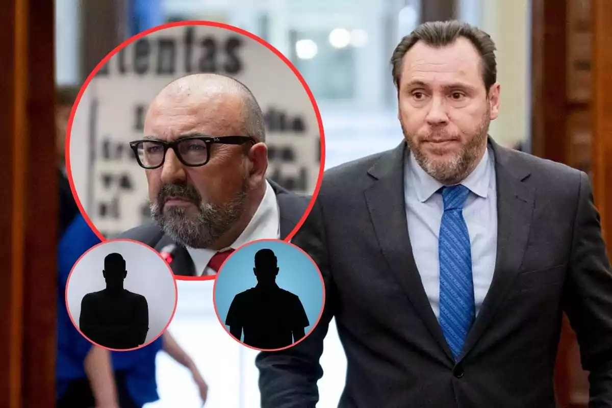 Hombre de traje con corbata azul caminando en un edificio, junto a un montaje circular que muestra a otro hombre con gafas y barba, además de dos siluetas en sombra