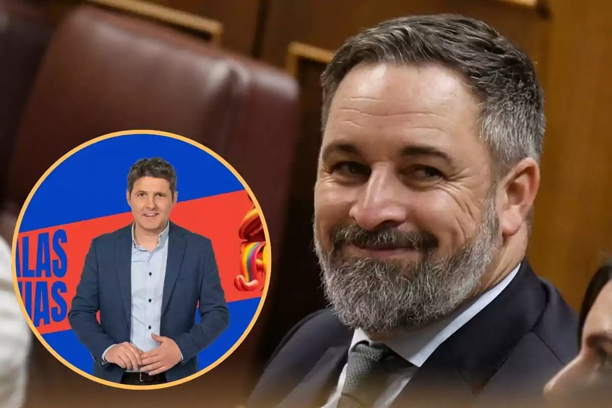 Hombre de barba canosa sonriendo en primer plano con un recuadro circular que muestra a otro hombre de pie con fondo azul y rojo