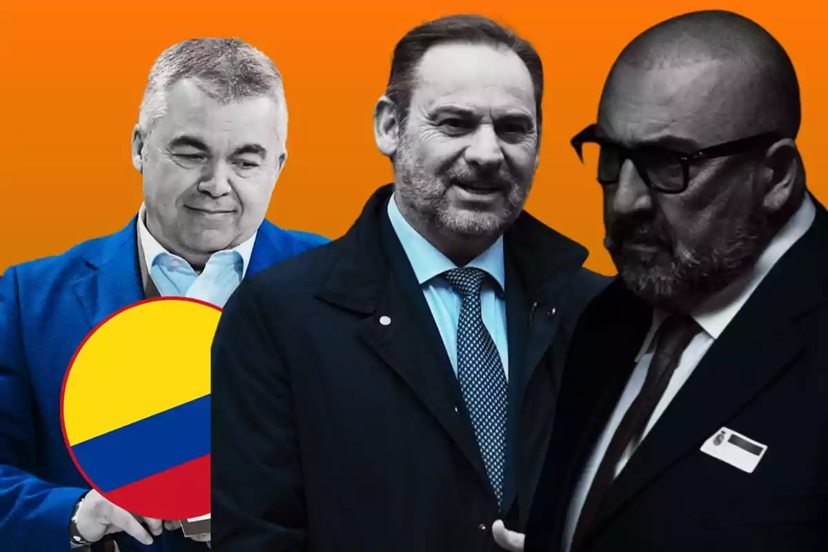 Tres hombres vestidos de traje posan frente a un fondo naranja, uno de ellos sostiene un círculo con los colores de la bandera de Colombia.