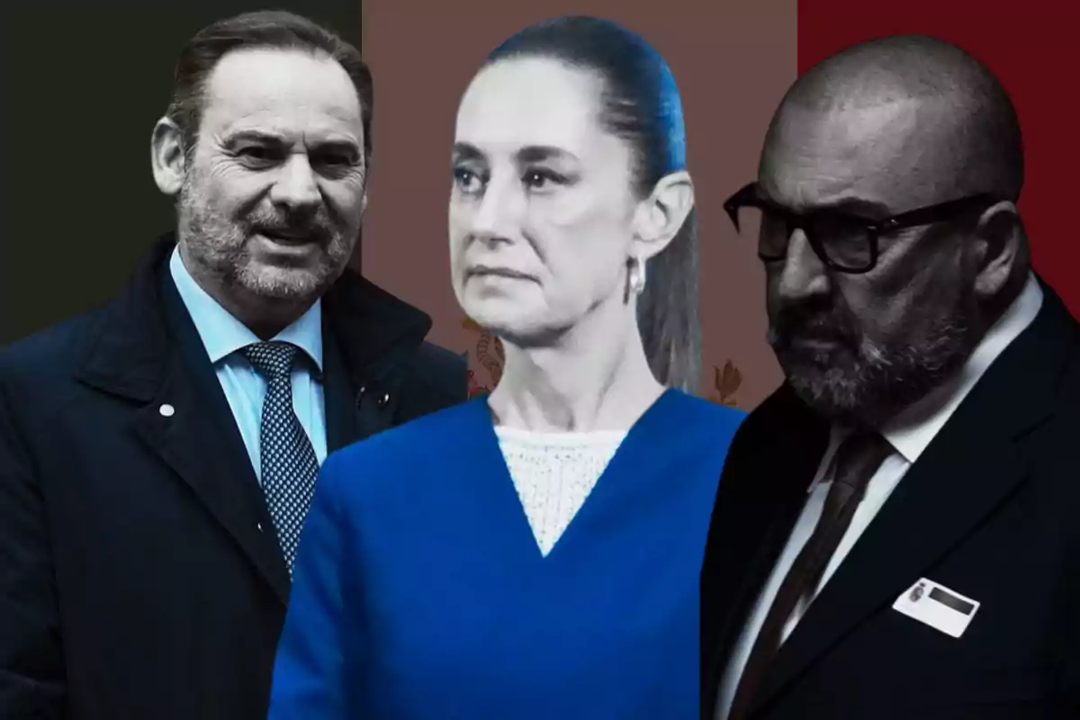 Tres personas con expresión seria posan frente a un fondo con los colores de la bandera de México.