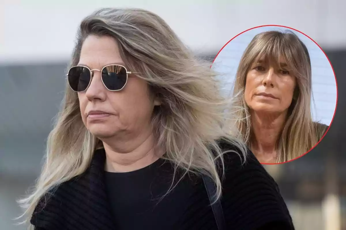 Mujer de cabello rubio y gafas oscuras caminando al aire libre con una imagen circular de otra mujer de cabello largo y flequillo en la esquina superior derecha