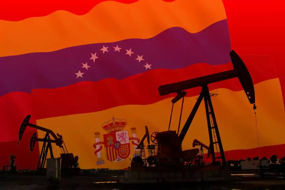Bombas extractoras de petróleo en silueta con una bandera combinada de Venezuela y España de fondo