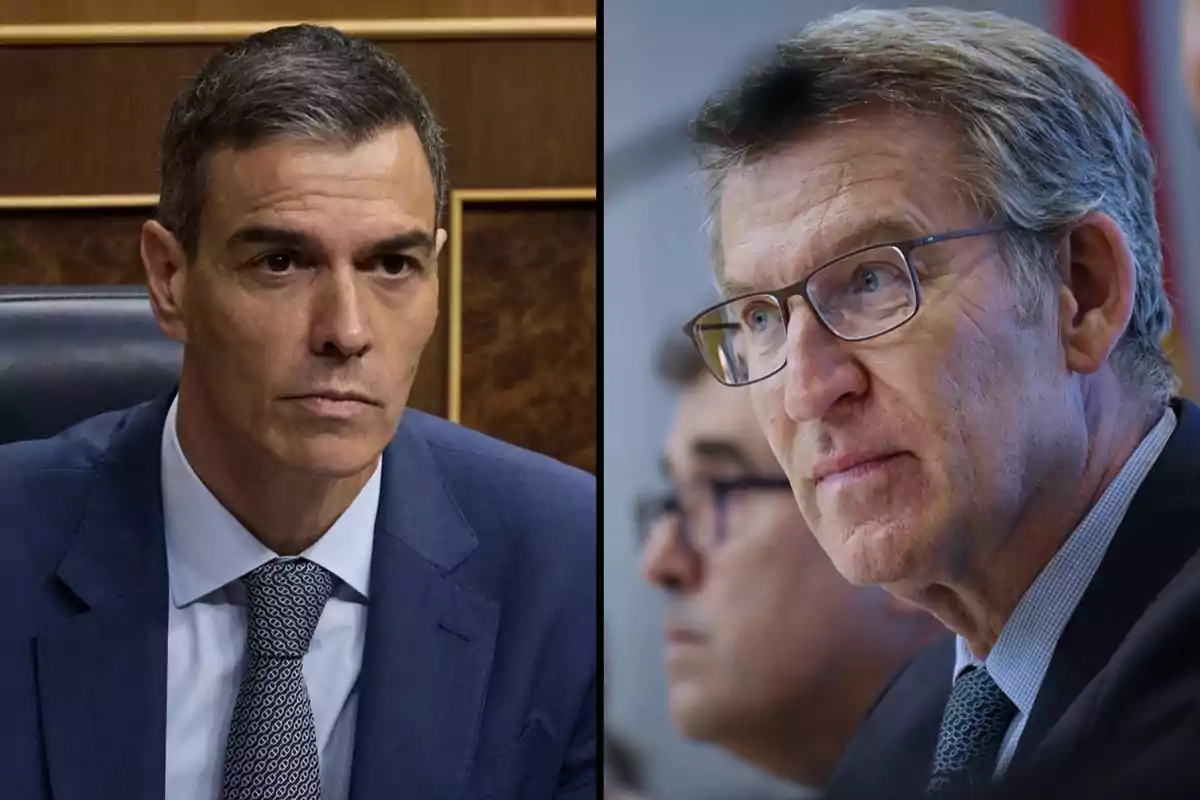 Dos hombres con traje y corbata aparecen en un montaje dividido, ambos con expresión seria y fondo institucional.