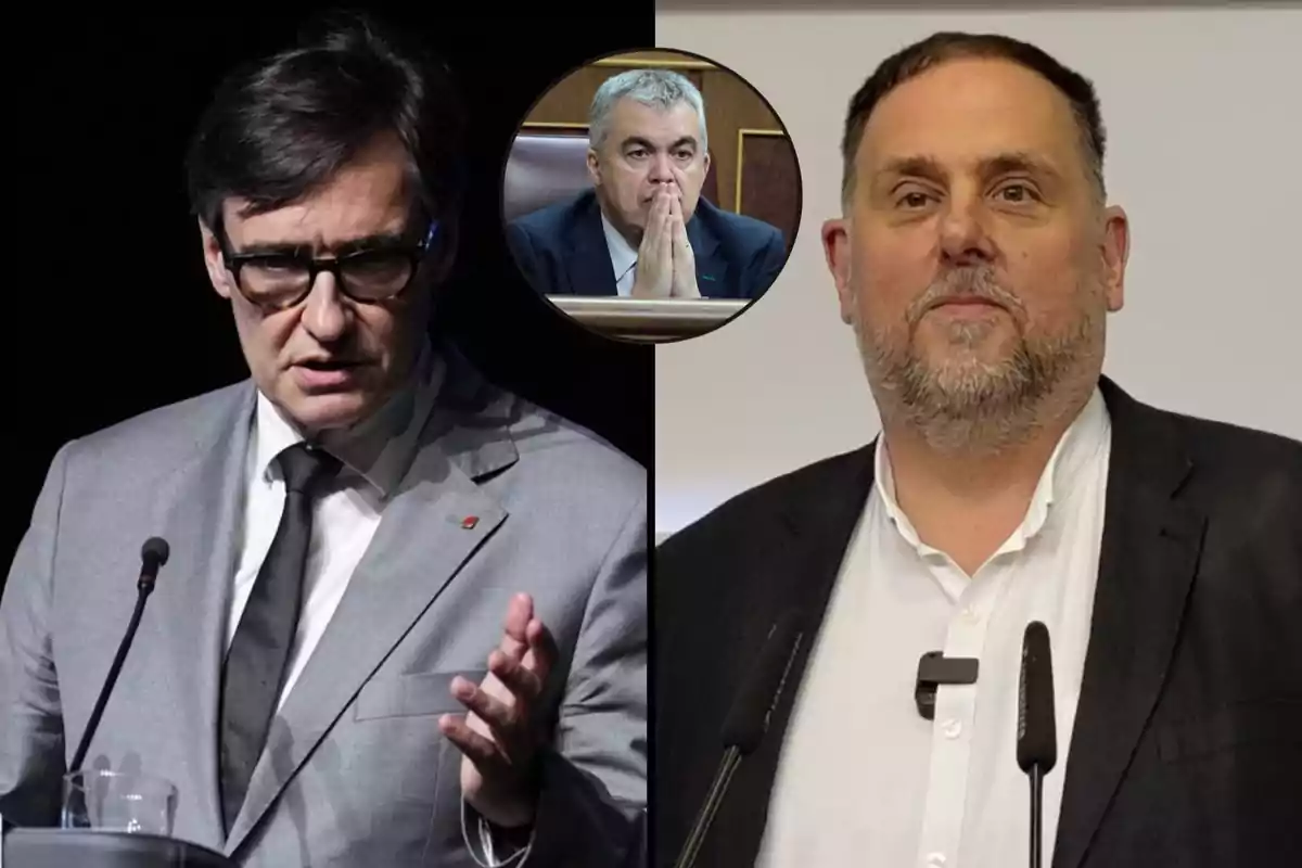 Dos hombres de traje están de pie frente a micrófonos, uno con gafas y el otro con barba, mientras en la parte superior central aparece el rostro de otro hombre enmarcado en un círculo.