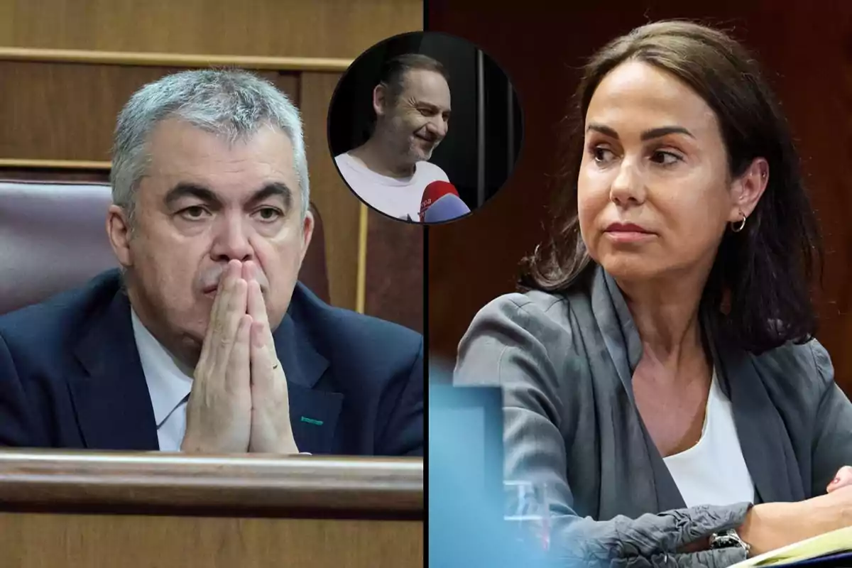 Un hombre de cabello canoso y una mujer de cabello oscuro están sentados en lo que parece ser una sala de reuniones, ambos con expresiones serias, mientras en la parte superior aparece el rostro de otro hombre sonriendo.