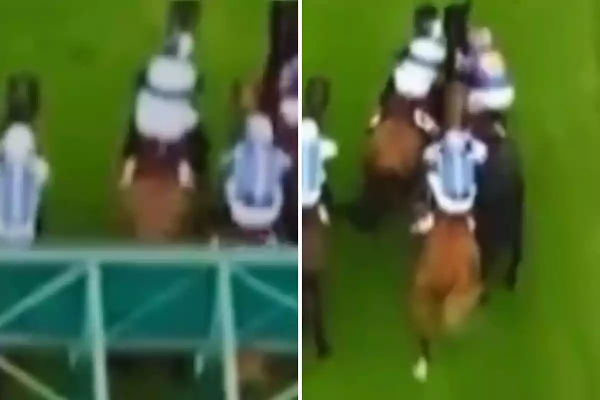 Jinetes montando caballos en una carrera vistos desde arriba en dos momentos diferentes