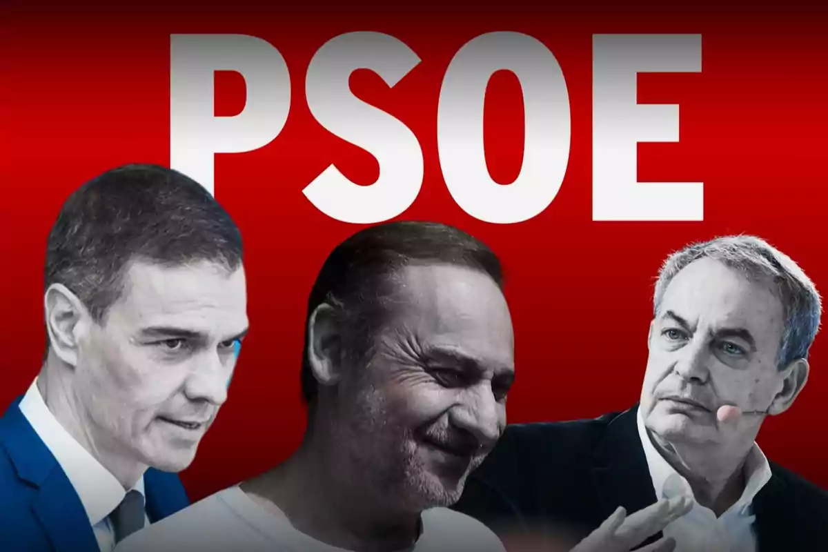 Tres hombres en primer plano con fondo rojo y las letras PSOE en grande detrás de ellos