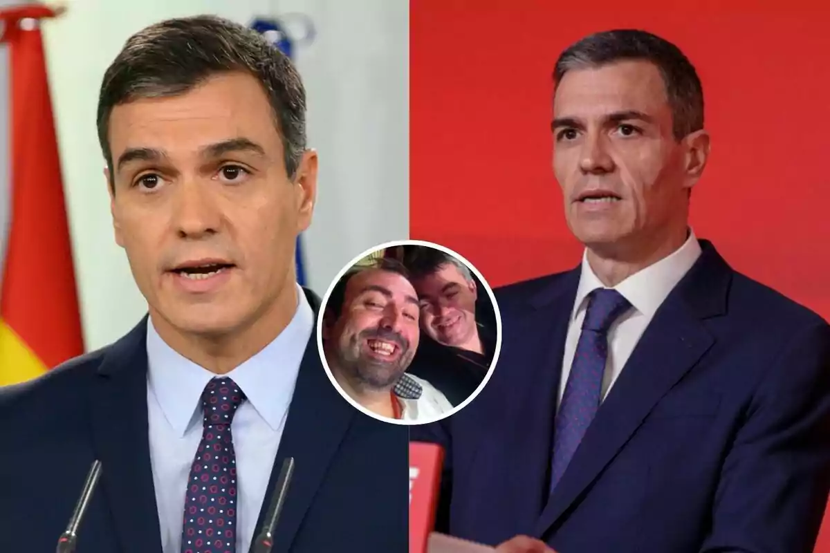 Dos hombres con traje y corbata aparecen en primer plano, uno frente a un fondo claro y otro frente a un fondo rojo, en el centro hay una imagen circular más pequeña de dos personas sonriendo.