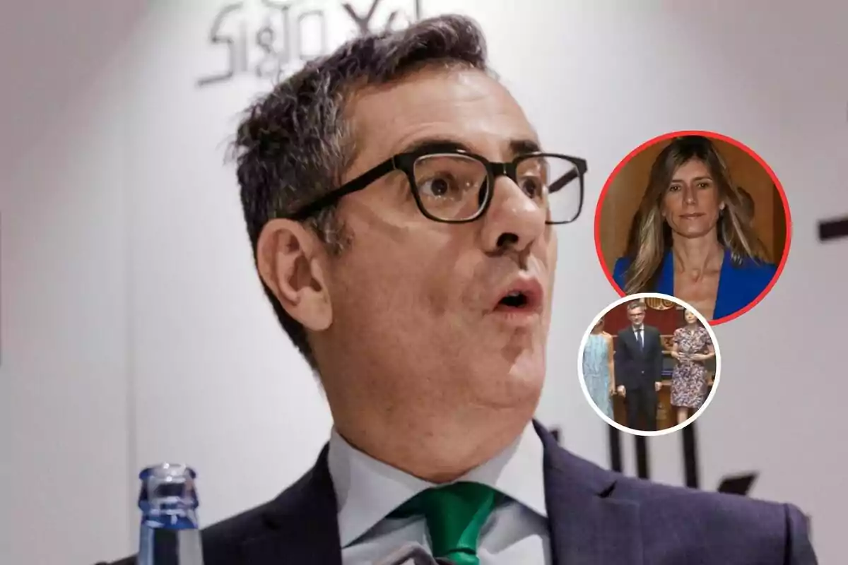 Hombre de cabello corto y gafas hablando, con dos recuadros circulares mostrando a una mujer rubia y una escena grupal en el fondo