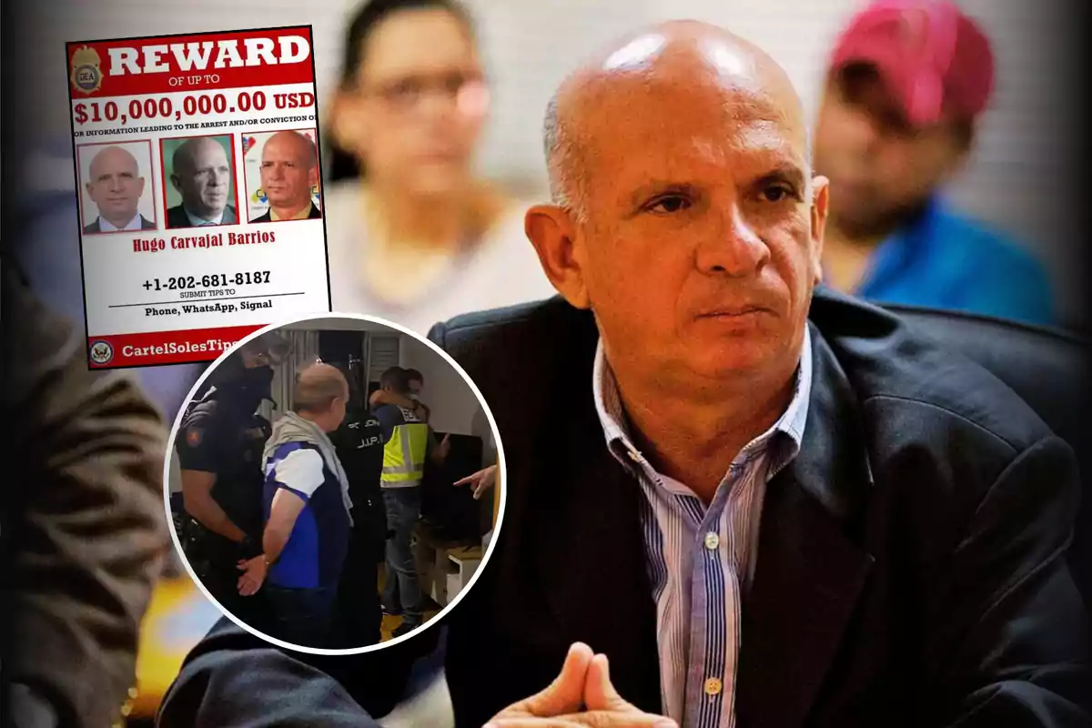 Hombre calvo con expresión seria sentado en una mesa, en la esquina superior izquierda aparece un cartel de recompensa con su foto y en la parte inferior una imagen circular muestra a policías arrestando a una persona