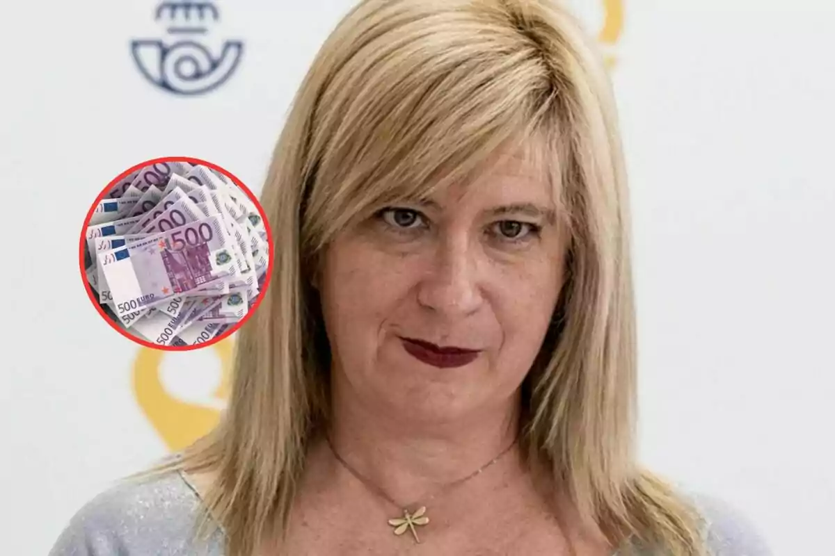 Mujer rubia de cabello lacio y expresión seria con un collar de libélula y un círculo que muestra billetes de 500 euros en la esquina superior izquierda