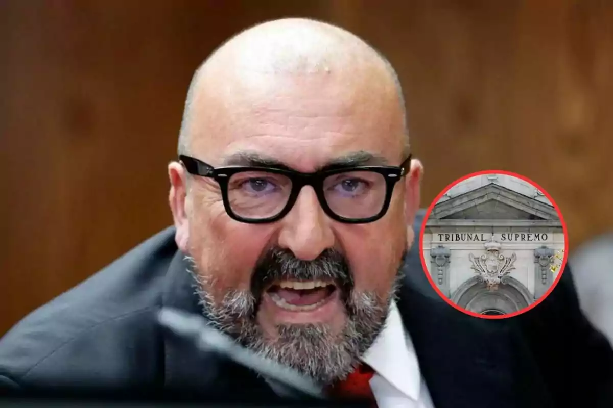 Hombre calvo con barba y gafas negras hablando con expresión seria y un círculo que muestra la fachada del Tribunal Supremo