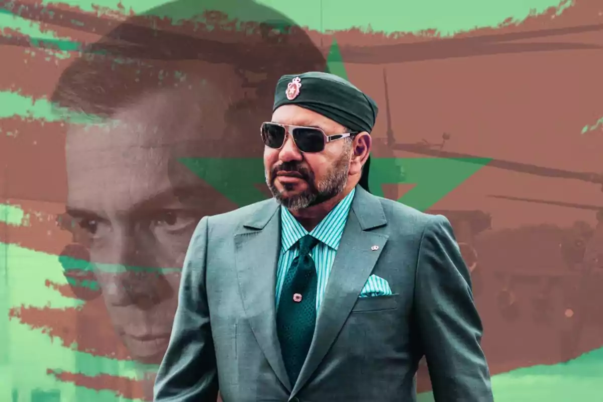 Hombre con gafas de sol y traje elegante al frente, con fondo artístico de colores verde y marrón y el rostro de otro hombre difuminado detrás.