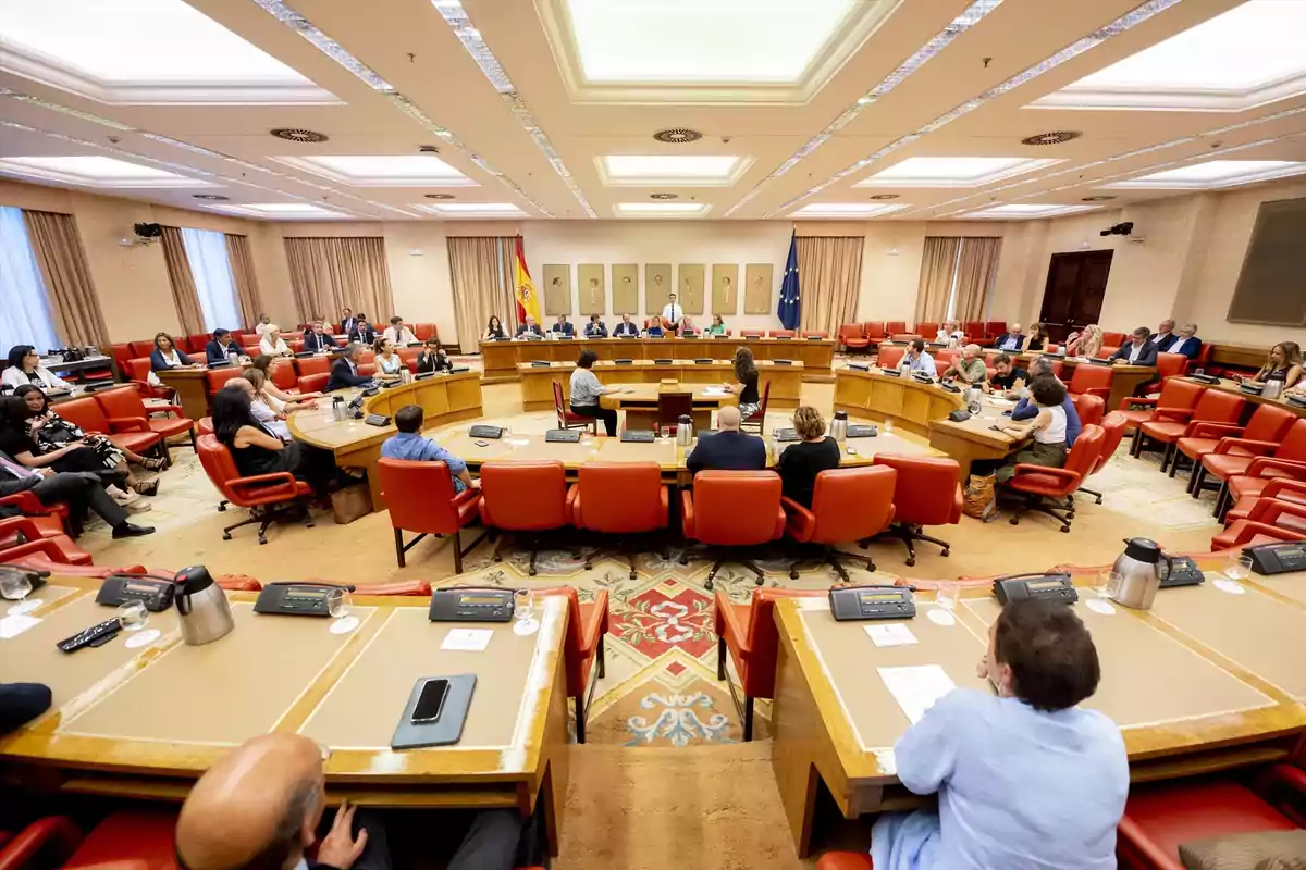 Personas sentadas en una sala de reuniones con mesas en forma de U y sillas rojas, participando en una sesión formal con banderas oficiales al fondo. Personas sentadas en una sala de reuniones con mesas en forma de U y sillas rojas, participando en una sesión formal con banderas oficiales al fondo.