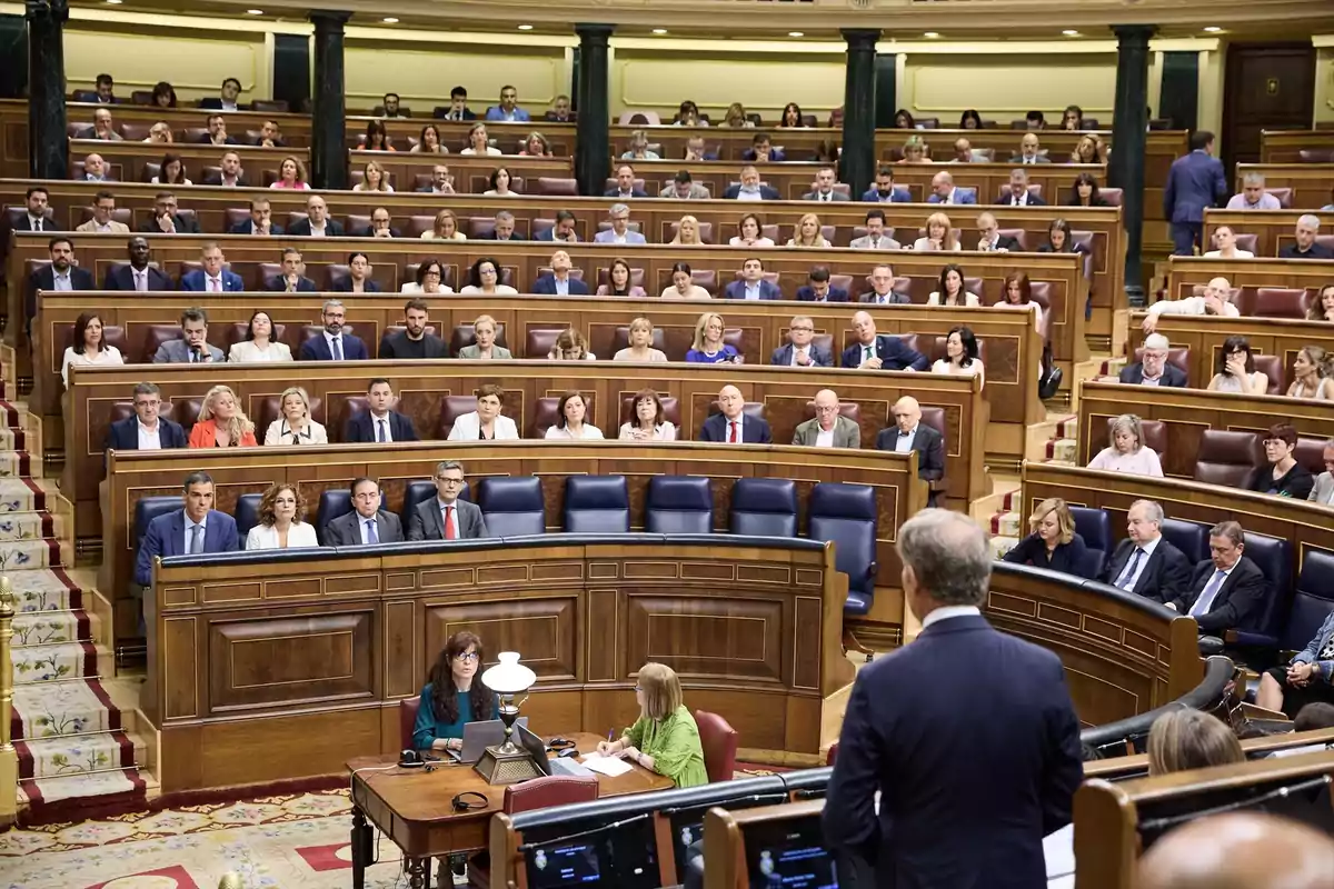 Vista general del hemiciclo de un parlamento con numerosos diputados sentados en sus escaños durante una sesión plenaria Vista general del hemiciclo de un parlamento con numerosos diputados sentados en sus escaños durante una sesión plenaria