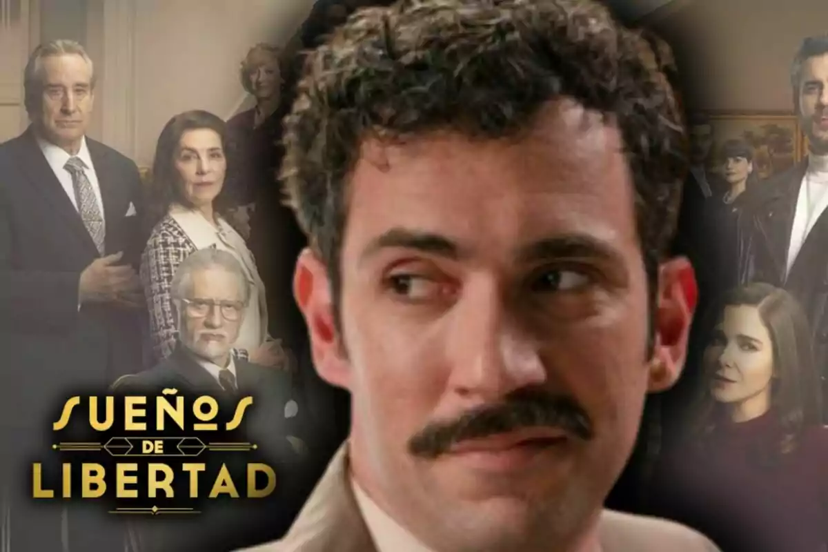 Primer plano del actor Fernando Moreno con bigote mirando hacia un lado con el título 'Sueños de Libertad' y varios personajes en el fondo.
