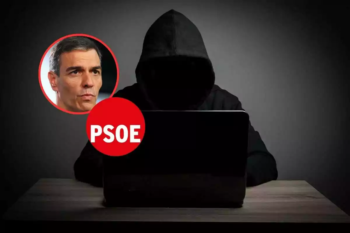 Persona encapuchada frente a un ordenador con un círculo rojo que contiene el texto PSOE y la imagen de un hombre en la esquina superior izquierda