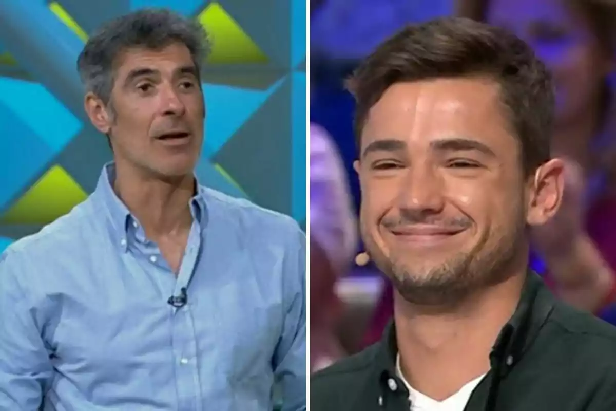 Dos hombres en un programa de televisión, uno de ellos con camisa azul claro y el otro con camisa oscura, ambos con micrófono y fondo colorido Dos hombres en un programa de televisión, uno de ellos con camisa azul claro y el otro con camisa oscura, ambos con micrófono y fondo colorido