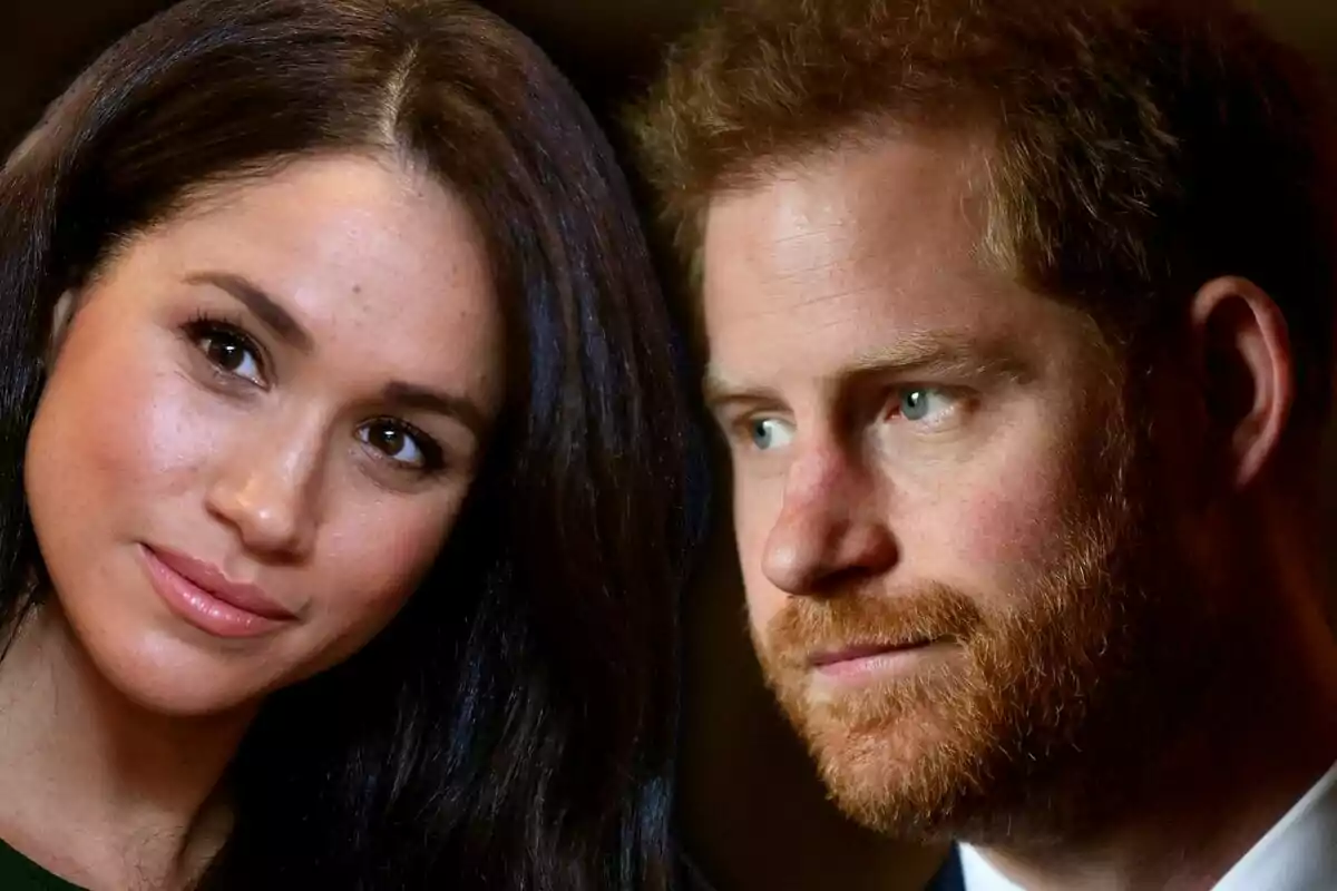 A dark-haired woman and a red-haired man look straight ahead with serious expressions.