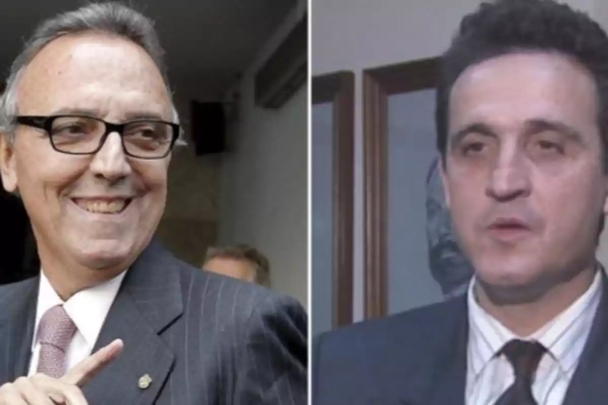 Dos hombres de mediana edad usando traje y corbata, uno de ellos sonríe y usa gafas, el otro tiene expresión seria y cabello oscuro Dos hombres de mediana edad usando traje y corbata, uno de ellos sonríe y usa gafas, el otro tiene expresión seria y cabello oscuro