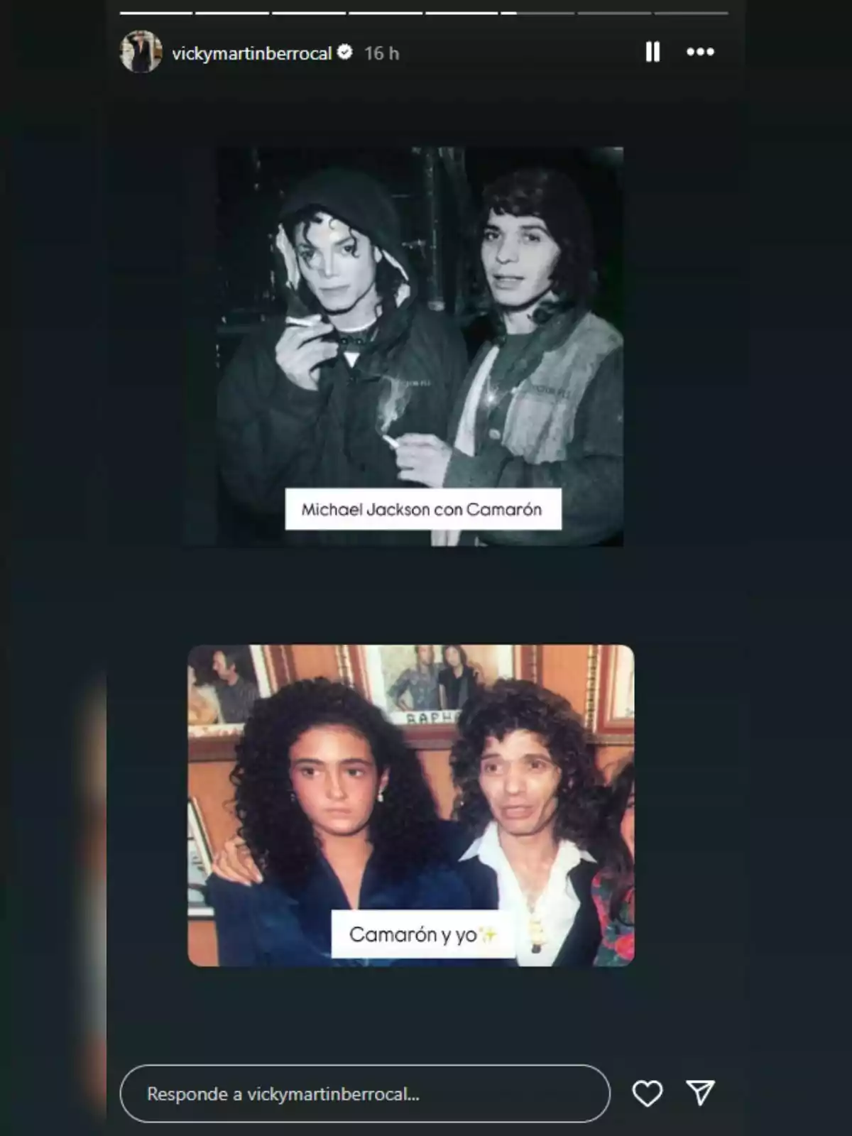 Historia de Instagram de Vicky Martín Berrocal que muestra dos fotografías, la primera en blanco y negro muestra a dos hombres juntos, uno de ellos con el cabello rizado y oscuro, ambos sosteniendo cigarrillos, la segunda imagen a color muestra a una joven de cabello rizado junto a un hombre de cabello largo y rizado, ambos posando para la cámara en un ambiente interior con cuadros en la pared. Historia de Instagram de Vicky Martín Berrocal que muestra dos fotografías, la primera en blanco y negro muestra a dos hombres juntos, uno de ellos con el cabello rizado y oscuro, ambos sosteniendo cigarrillos, la segunda imagen a color muestra a una joven de cabello rizado junto a un hombre de cabello largo y rizado, ambos posando para la cámara en un ambiente interior con cuadros en la pared.