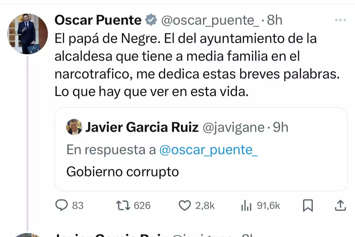 Captura de pantalla de Twitter donde Oscar Puente responde a un comentario de Javier Garcia Ruiz que acusa al gobierno de corrupto, mencionando a la familia de una alcaldesa y el narcotráfico. Captura de pantalla de Twitter donde Oscar Puente responde a un comentario de Javier Garcia Ruiz que acusa al gobierno de corrupto, mencionando a la familia de una alcaldesa y el narcotráfico.