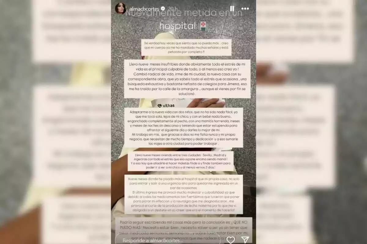 Una persona acostada en una camilla de hospital con un texto largo superpuesto donde relata su experiencia personal de salud y estrés. Una persona acostada en una camilla de hospital con un texto largo superpuesto donde relata su experiencia personal de salud y estrés.