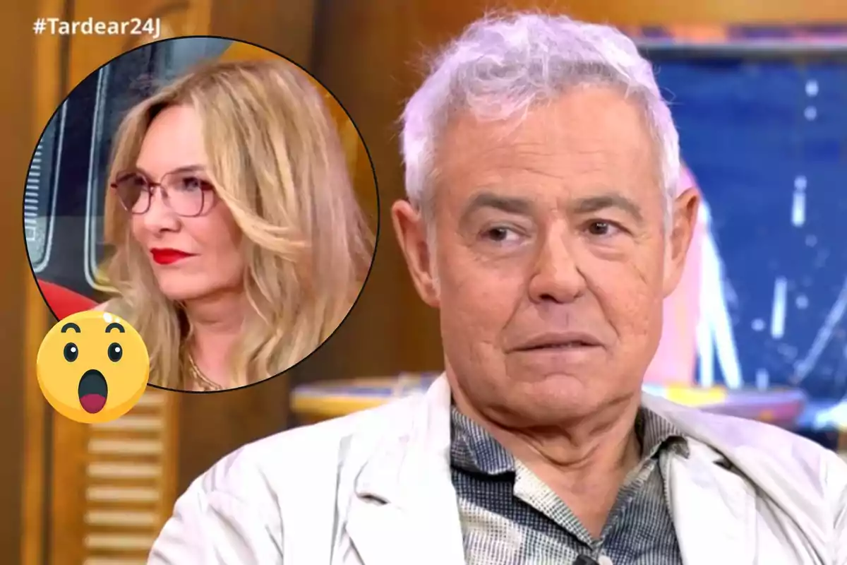 Jordi González de cabello canoso en primer plano con expresión seria y Belén Rodríguez rubia con gafas y labios rojos en un círculo sobrepuesto junto a un emoji de sorpresa