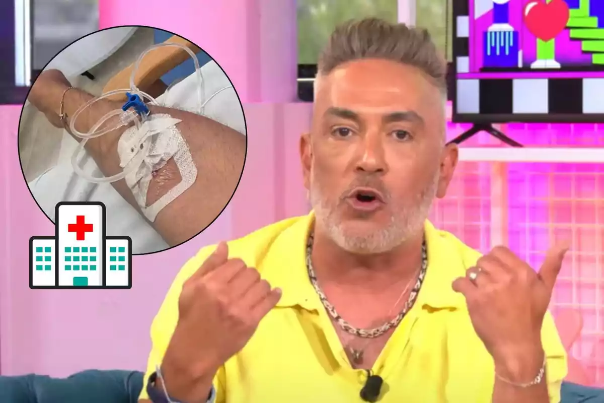 Kiko Hernández de cabello canoso y barba hablando en un programa de televisión con una imagen superpuesta de un brazo con una vía intravenosa y un ícono de hospital