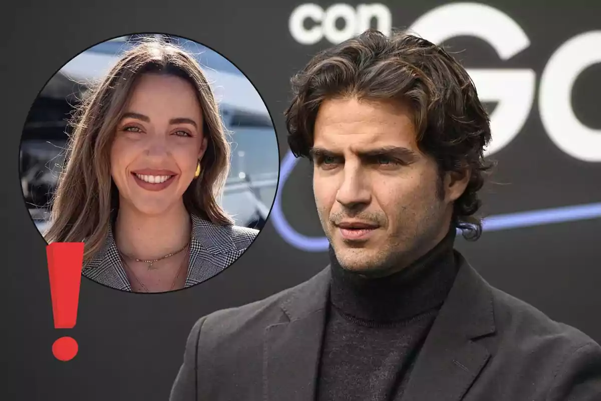 Maxi Iglesias de cabello ondulado y expresión seria en primer plano con un recuadro circular que muestra a Ione Astondoa sonriente y un signo de exclamación rojo sobre un fondo oscuro
