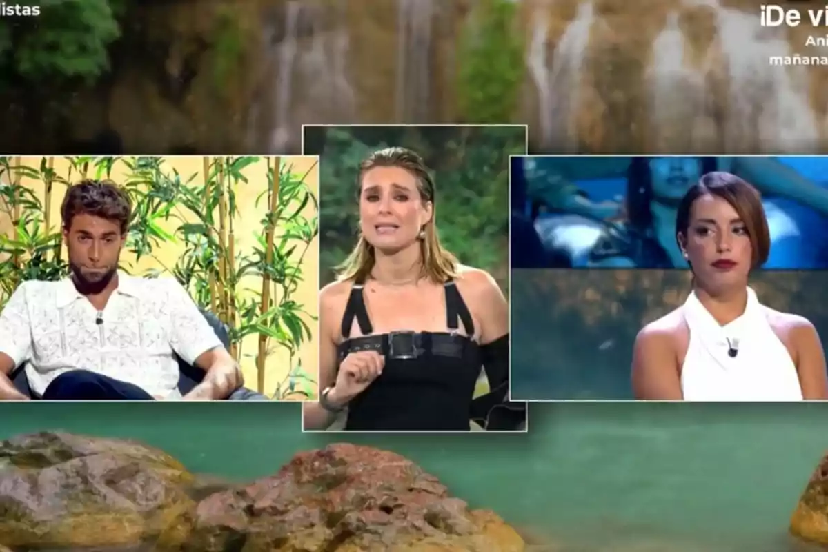 Tres personas aparecen en un programa de televisión, cada una en un recuadro diferente, con un fondo de naturaleza y una cascada. Tres personas aparecen en un programa de televisión, cada una en un recuadro diferente, con un fondo de naturaleza y una cascada.