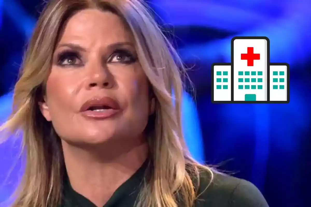Makoke rubia con expresión seria y un ícono de hospital al fondo sobre un fondo azul