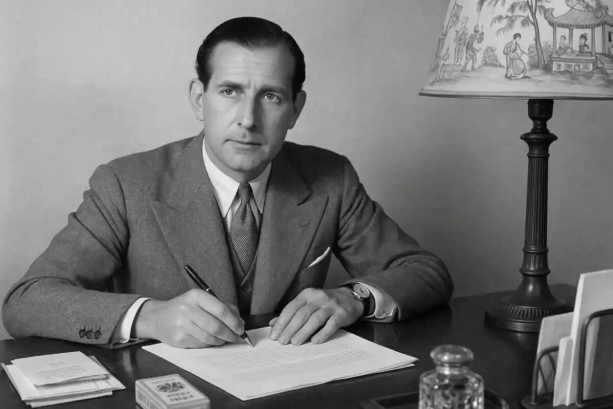 Juan de Borbón dressed in a suit writing at an antique desk with a decorative lamp and papers around him. Juan de Borbón dressed in a suit writing at an antique desk with a decorative lamp and papers around him.