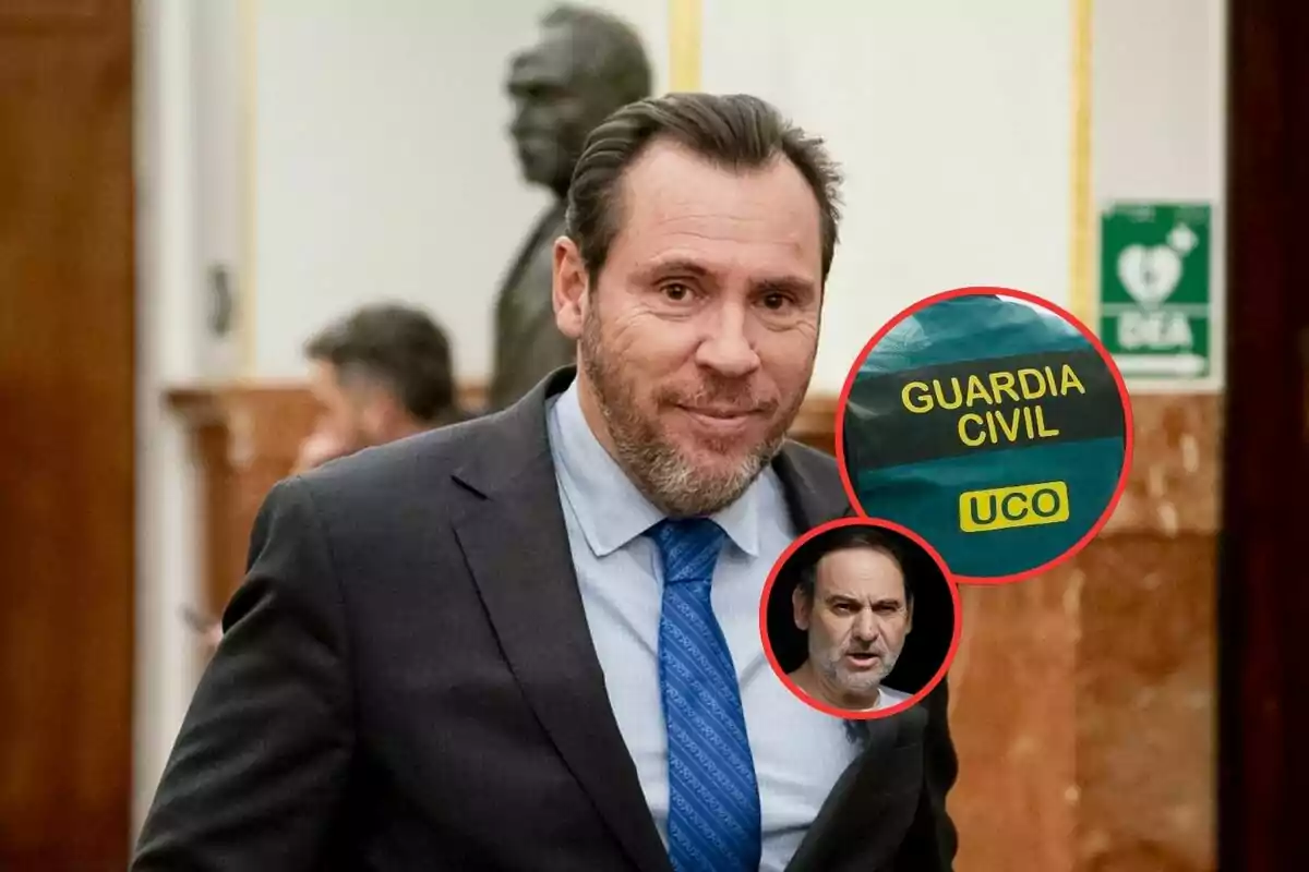 Hombre con traje y corbata azul en un edificio, con dos círculos superpuestos que muestran un uniforme de la Guardia Civil y el rostro de otro hombre